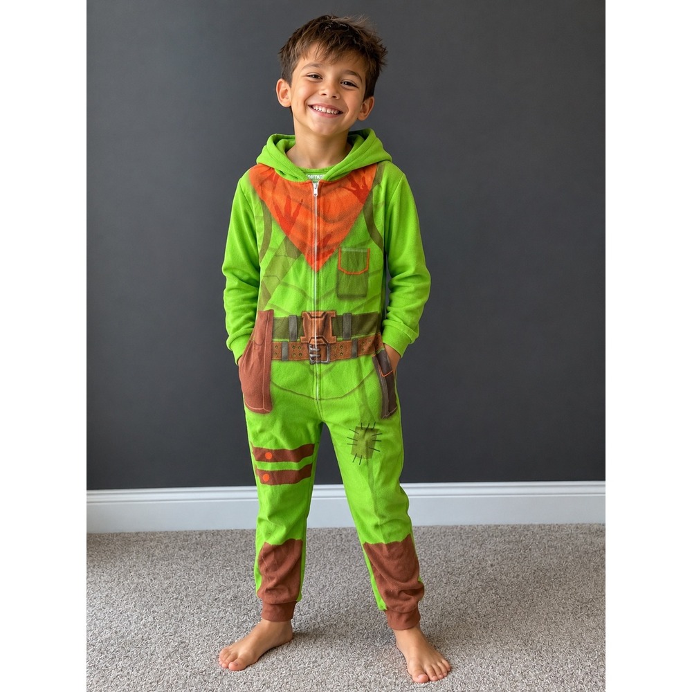 Fortnite Rex Costume Union Suit Kids Large Green Fleece One Piece Pajamas Hooded